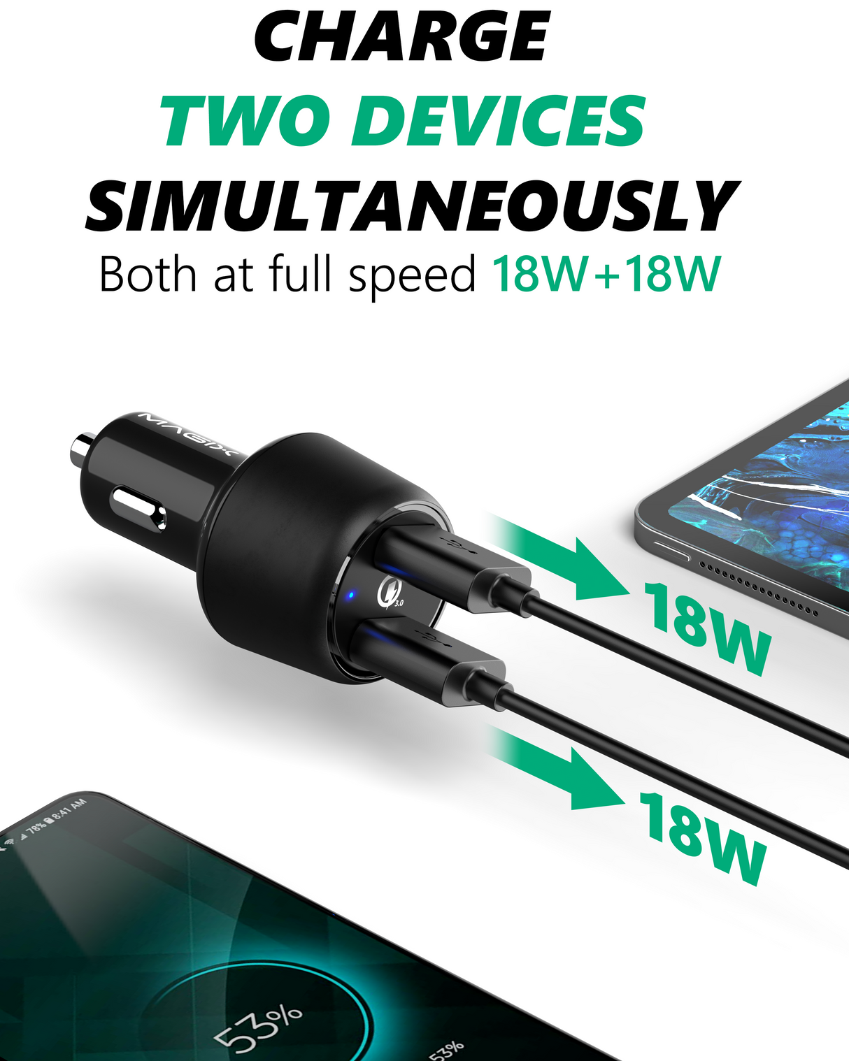 36W Car Charger Dual USB-A port QC 3.0 (18W x 2)