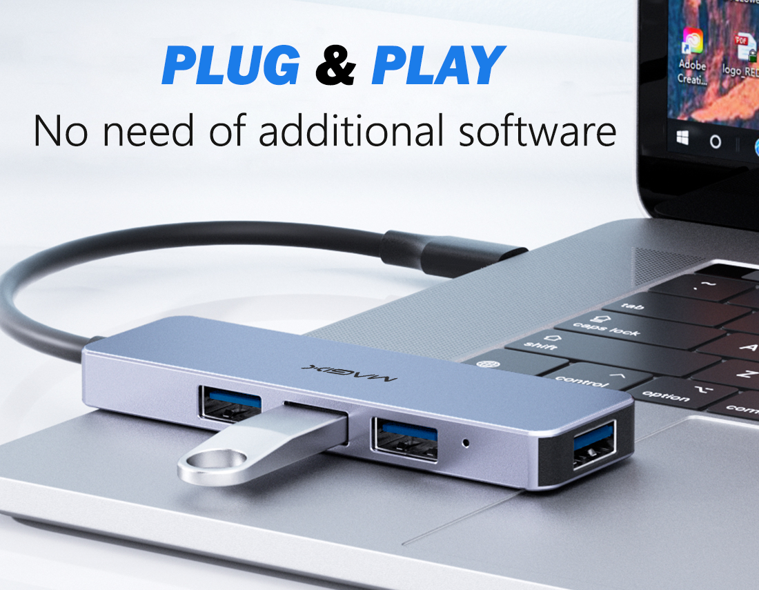 4-Port USB 3.0 USB-C Hub: Aluminum Shell, 5Gbps Data Transfer Speed