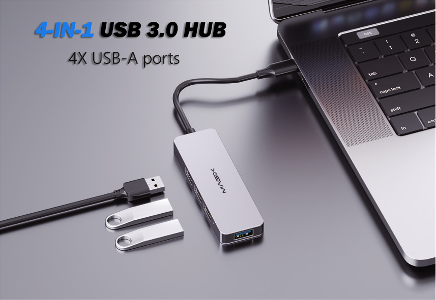 4-Port USB 3.0 USB-C Hub: Aluminum Shell, 5Gbps Data Transfer Speed