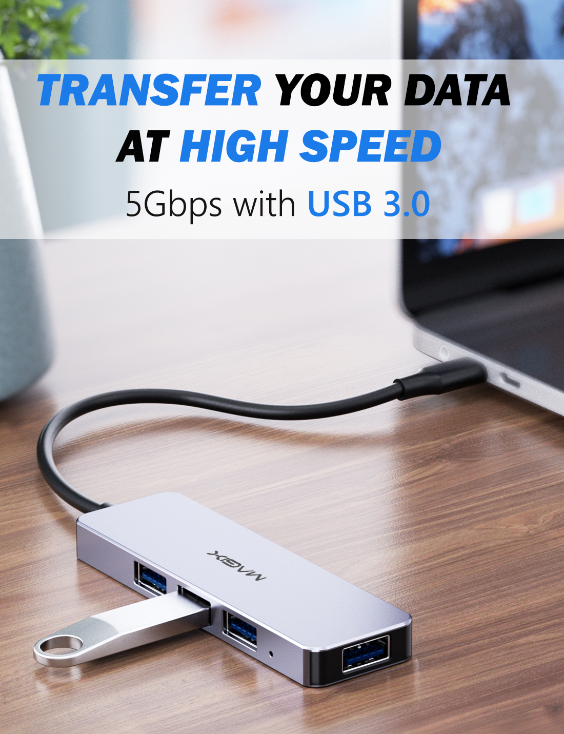 4-Port USB 3.0 USB-C Hub: Aluminum Shell, 5Gbps Data Transfer Speed
