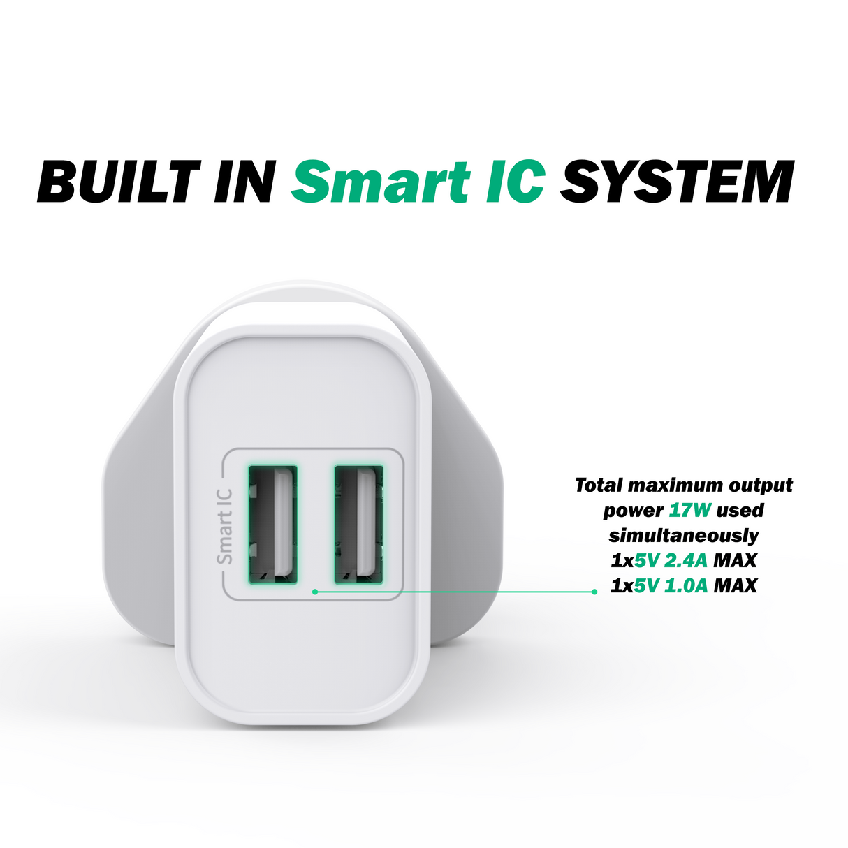 17W Wall Charger, Double USB Port 1A+2.4A - UK Plug