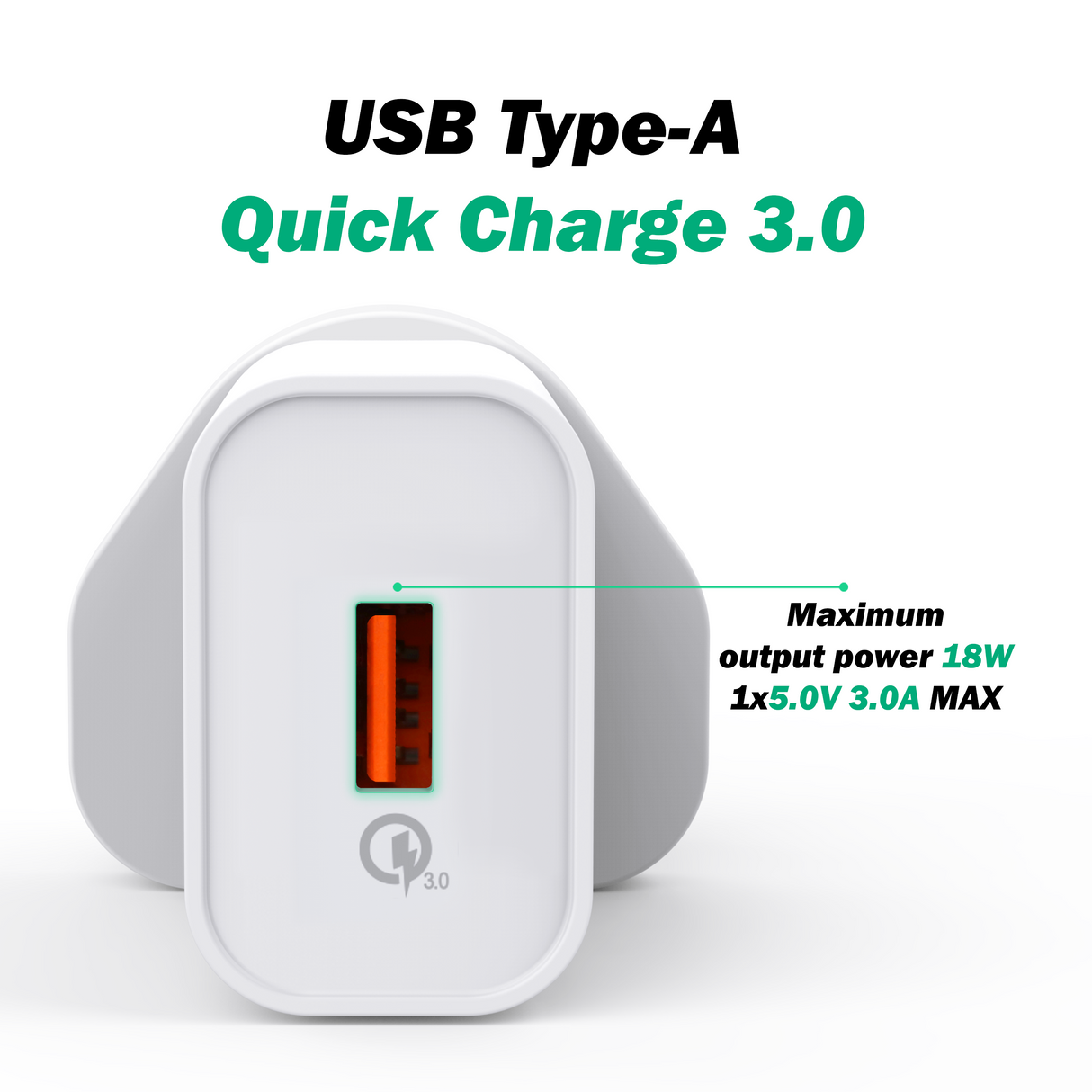 18W Wall Charger, Quick Charge 3.0, 3A - UK Plug