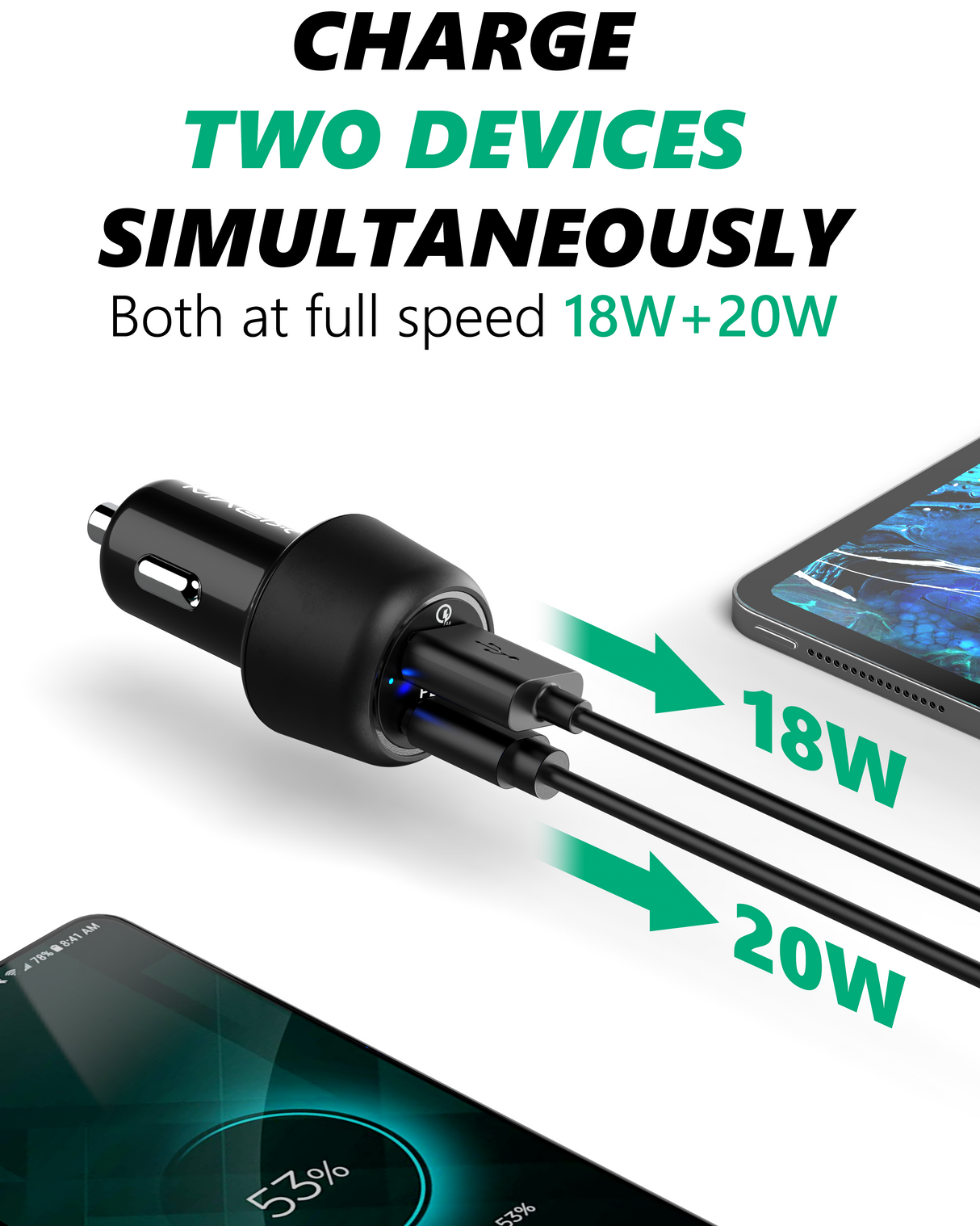 38W Car Charger Dual port USB-A + USB-C , QC 3.0 18W + PD 20W