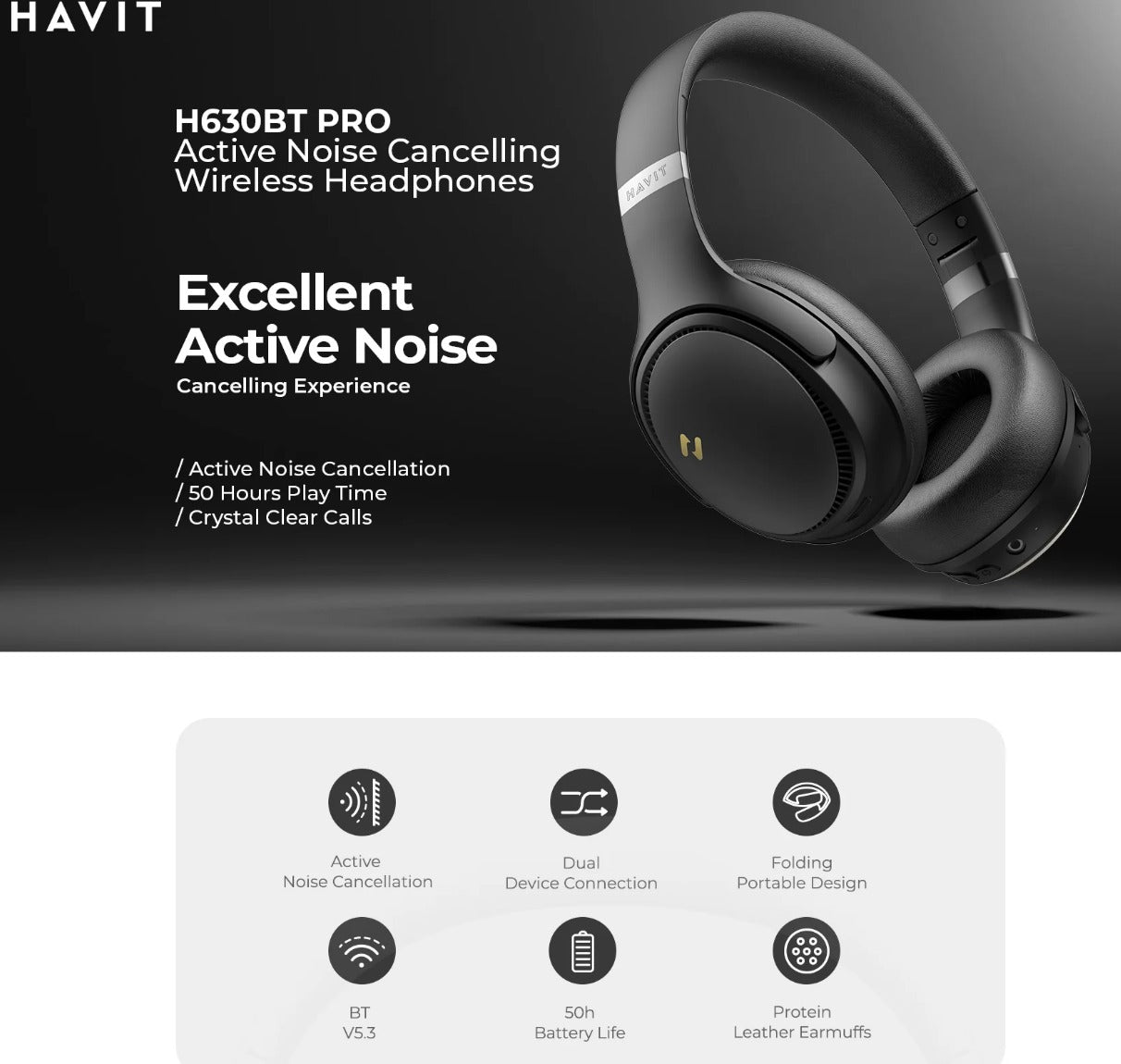 Havit H630BT PRO ANC Wireless Foldable Headphones - White