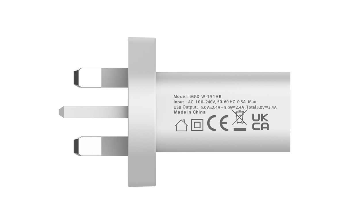 17W Wall Charger, Double USB Port 1A+2.4A - UK Plug