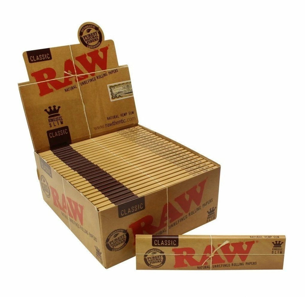 12 x RAW Classic King Size Slim Natural Unrefined Rolling Papers 110mm